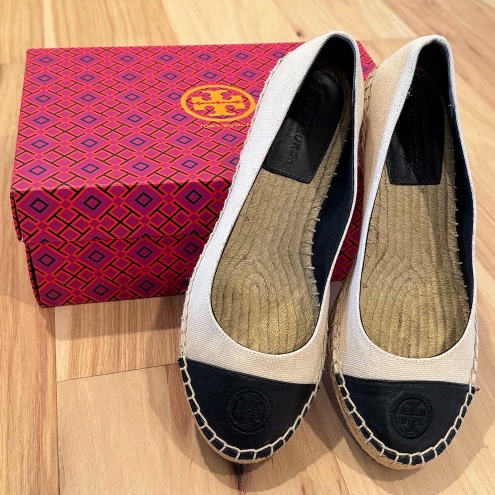 Tory Burch Beige Canvas Espadrille Flats with Black Toe Caps